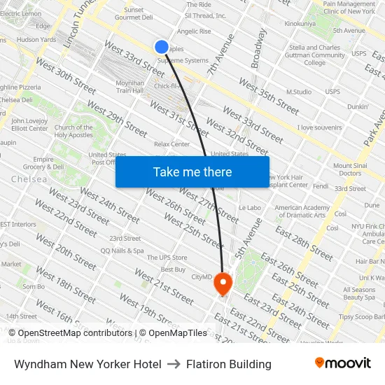 Wyndham New Yorker Hotel to Flatiron Building map