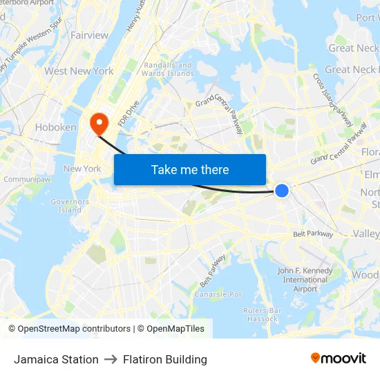 Jamaica Station to Flatiron Building map