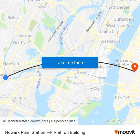 Newark Penn Station to Flatiron Building map