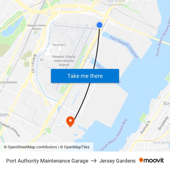 Port Authority Maintenance Garage to Jersey Gardens map