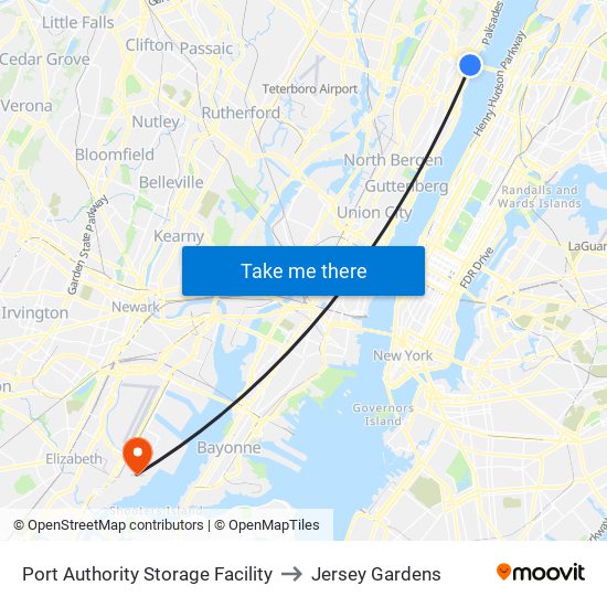 Port Authority Storage Facility to Jersey Gardens map