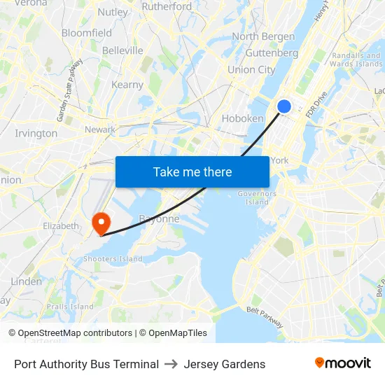 Port Authority Bus Terminal to Jersey Gardens map