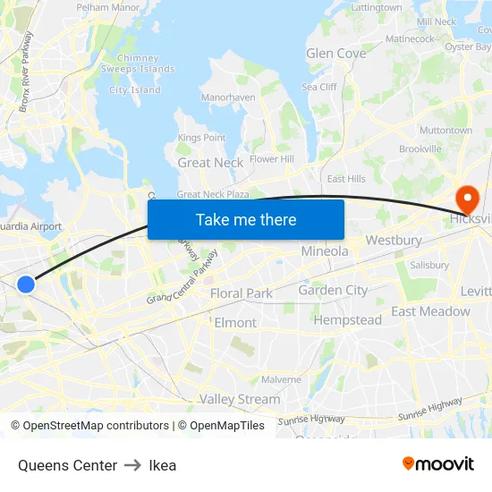 Queens Center to Ikea map