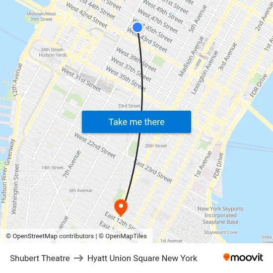 Shubert Theatre to Hyatt Union Square New York map