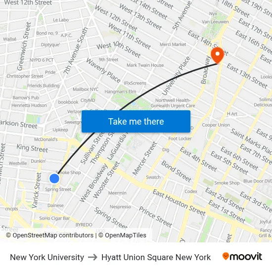 New York University to Hyatt Union Square New York map
