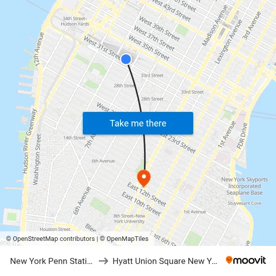 New York Penn Station to Hyatt Union Square New York map