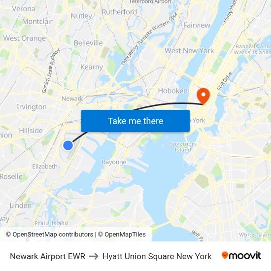 Newark Airport EWR to Hyatt Union Square New York map