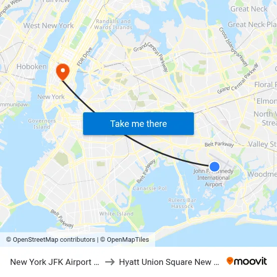 New York JFK Airport JFK to Hyatt Union Square New York map