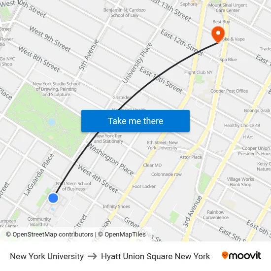 New York University to Hyatt Union Square New York map