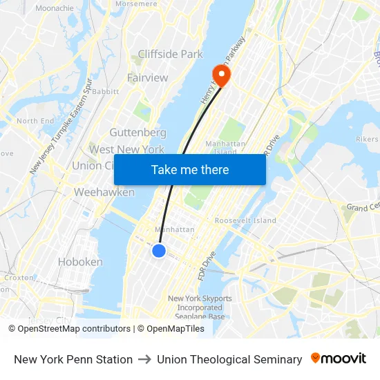 New York Penn Station to Union Theological Seminary map