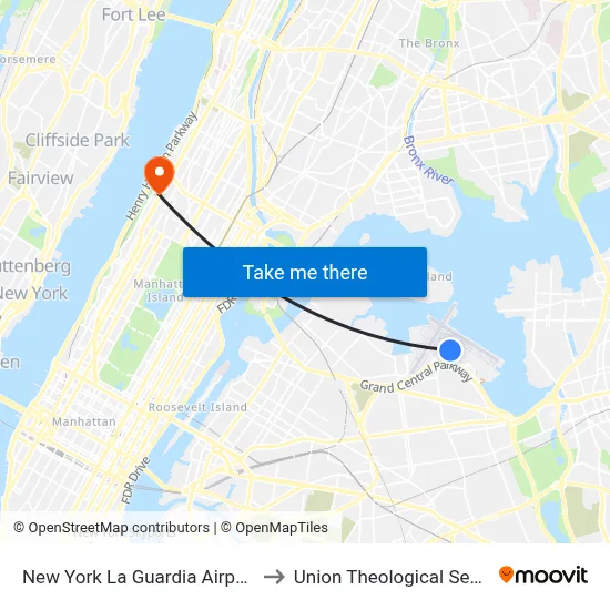 New York La Guardia Airport LGA to Union Theological Seminary map