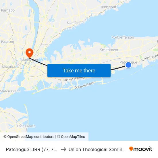 Patchogue LIRR (77, 77y) to Union Theological Seminary map