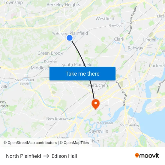North Plainfield to Edison Hall map