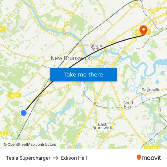 Tesla Supercharger to Edison Hall map