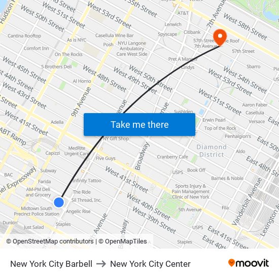 New York City Barbell to New York City Center map