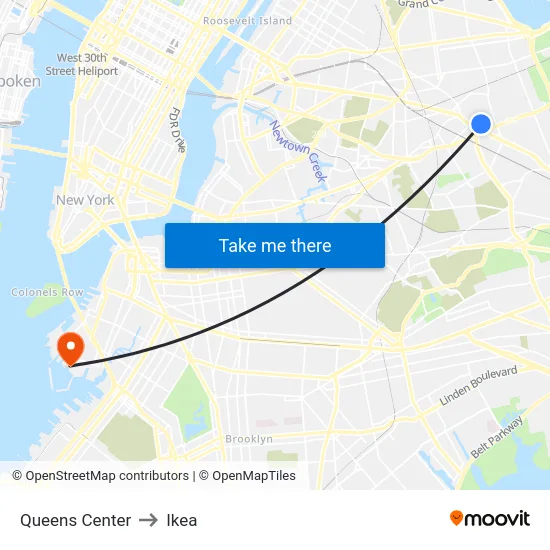 Queens Center to Ikea map