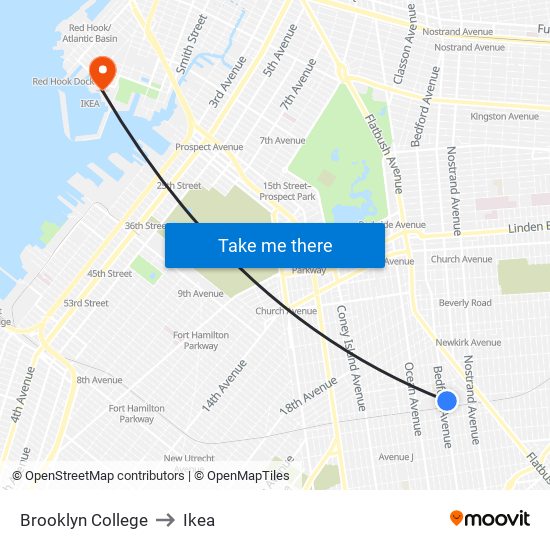 Brooklyn College to Ikea map