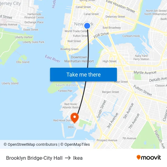 Brooklyn Bridge-City Hall to Ikea map