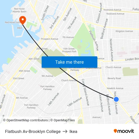 Flatbush Av-Brooklyn College to Ikea map