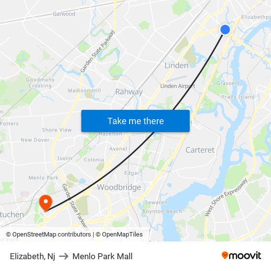 Elizabeth, Nj to Menlo Park Mall map