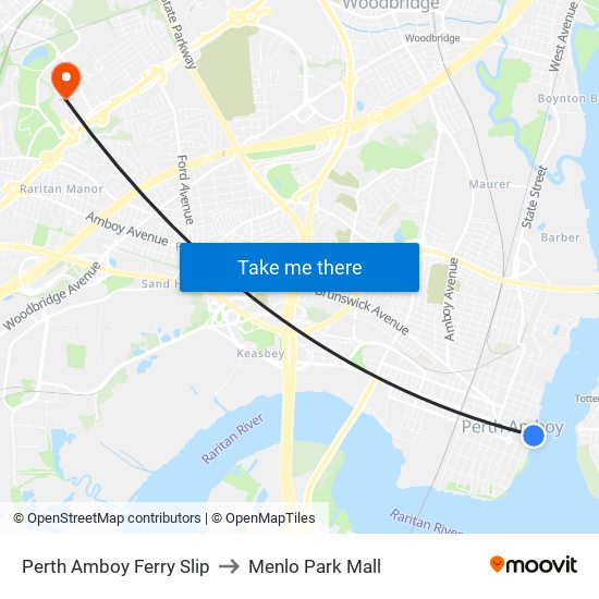 Perth Amboy Ferry Slip to Menlo Park Mall map