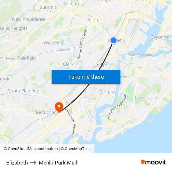 Elizabeth to Menlo Park Mall map