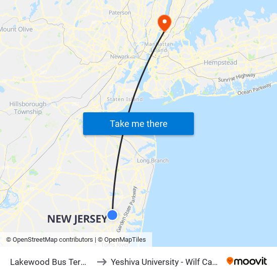 Lakewood Bus Terminal to Yeshiva University - Wilf Campus map