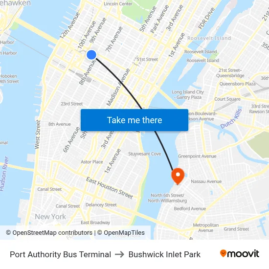 Port Authority Bus Terminal to Bushwick Inlet Park map