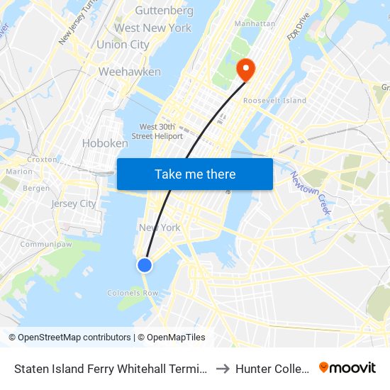 Staten Island Ferry Whitehall Terminal to Hunter College map