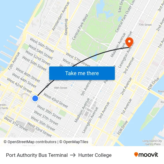 Port Authority Bus Terminal to Hunter College map