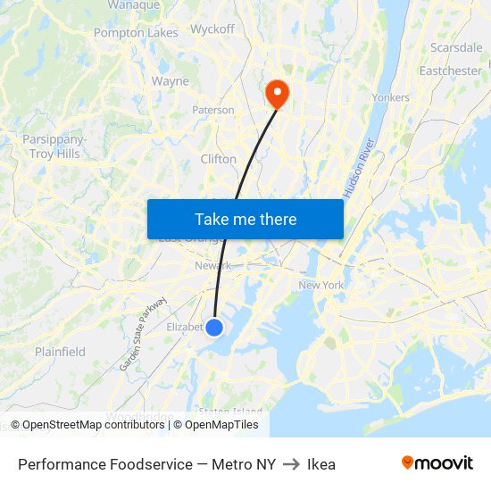 Performance Foodservice — Metro NY to Ikea map