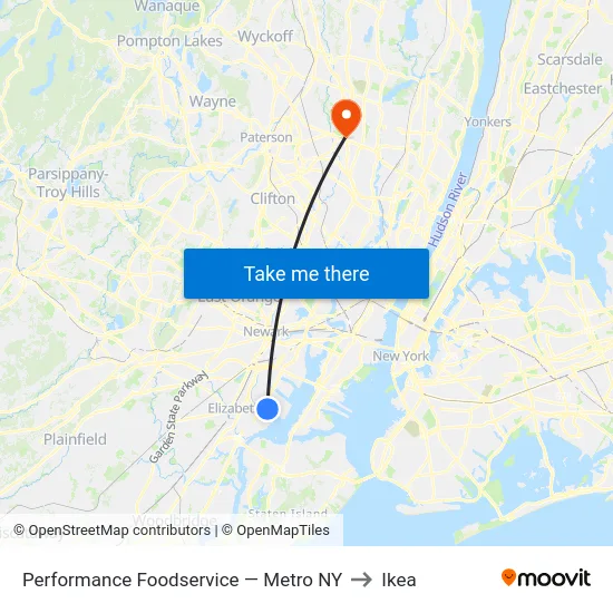 Performance Foodservice — Metro NY to Ikea map