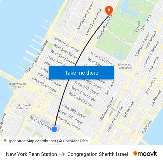 New York Penn Station to Congregation Sherith Israel map