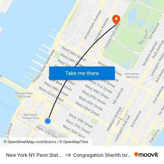 New York NY Penn Station to Congregation Sherith Israel map