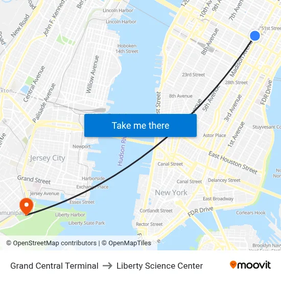 Grand Central Terminal to Liberty Science Center map