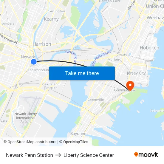 Newark Penn Station to Liberty Science Center map