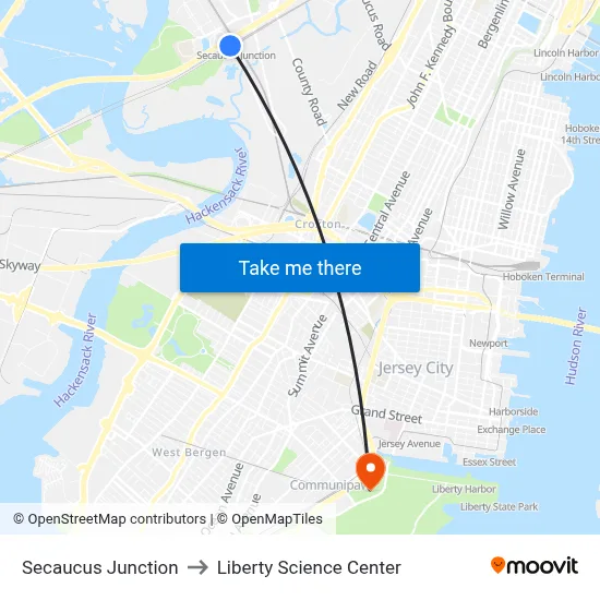 Secaucus Junction to Liberty Science Center map