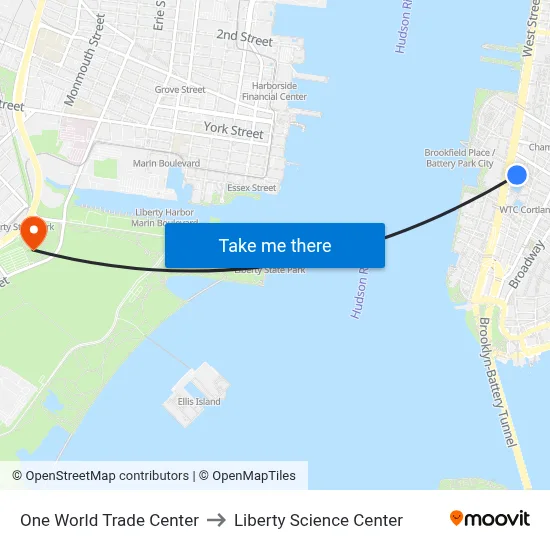 One World Trade Center to Liberty Science Center map