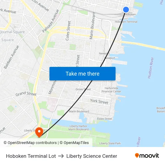 Hoboken Terminal Lot to Liberty Science Center map