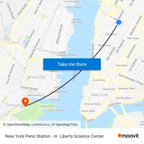 New York Penn Station to Liberty Science Center map