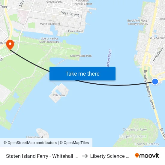 Staten Island Ferry - Whitehall Terminal to Liberty Science Center map