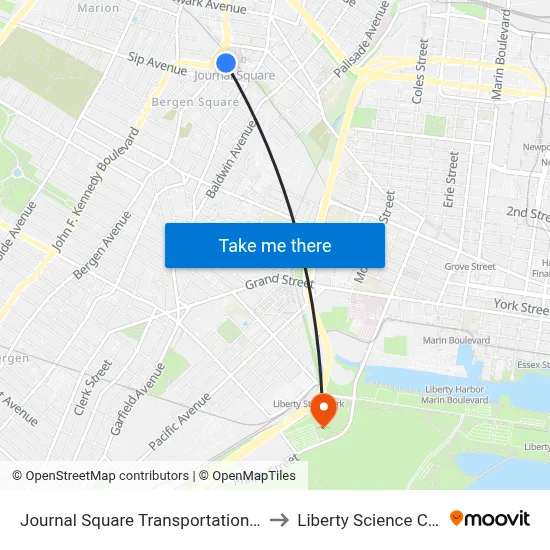 Journal Square Transportation Center to Liberty Science Center map