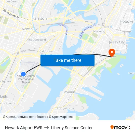 Newark Airport EWR to Liberty Science Center map