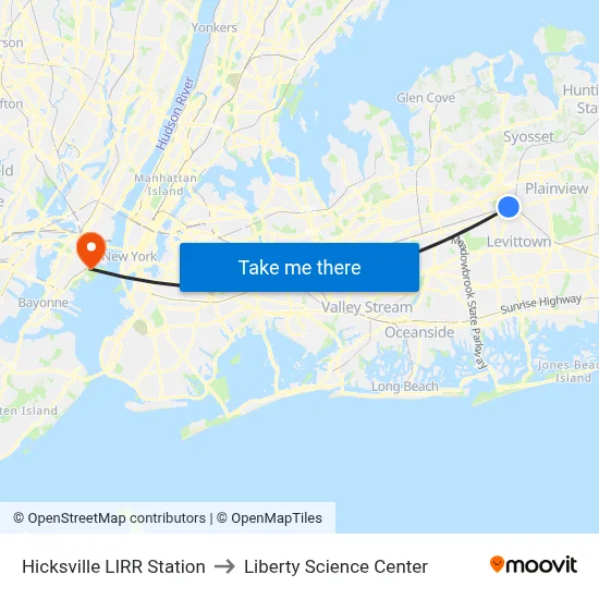 Hicksville LIRR Station to Liberty Science Center map