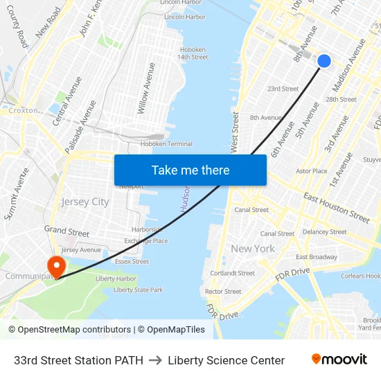 33rd Street Station PATH to Liberty Science Center map