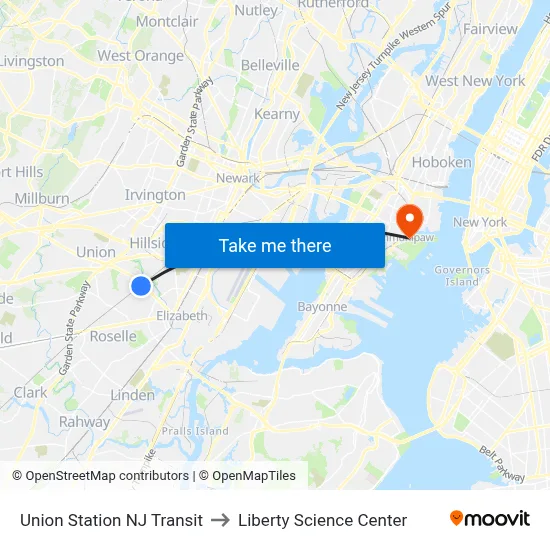 Union Station NJ Transit to Liberty Science Center map