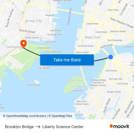Brooklyn Bridge to Liberty Science Center map