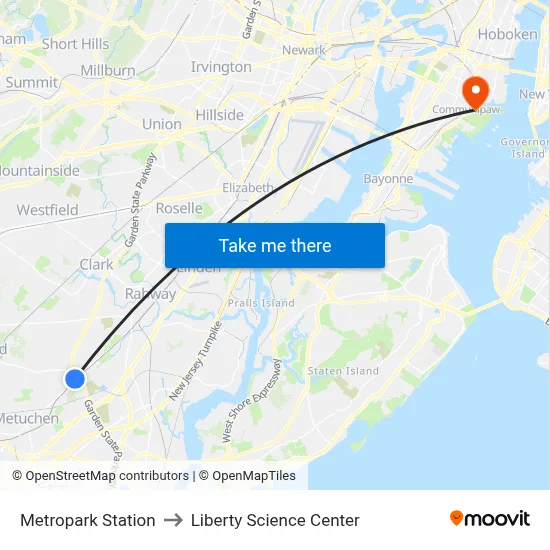 Metropark Station to Liberty Science Center map