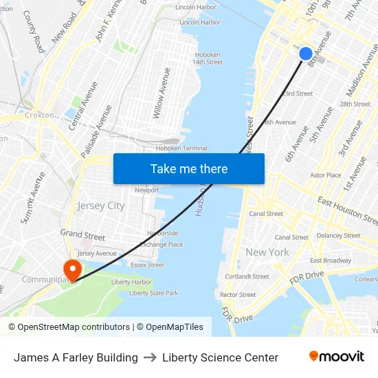 James A Farley Building to Liberty Science Center map