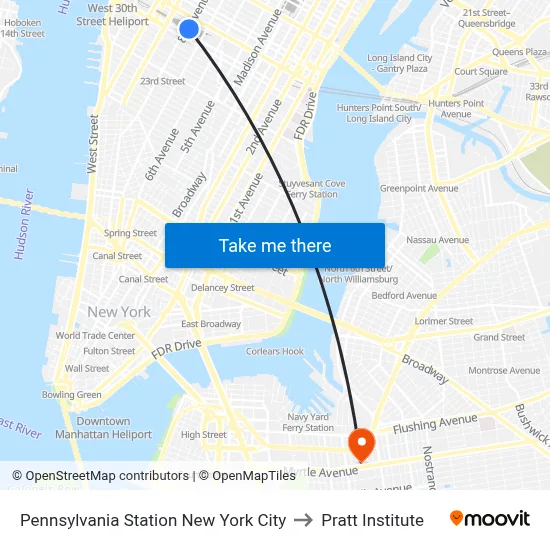 Pennsylvania Station New York City to Pratt Institute map